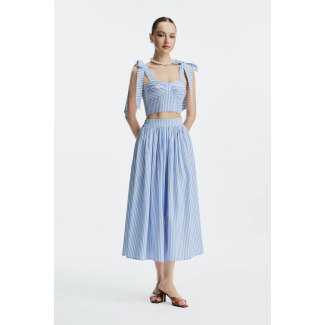 Jacquine Striped Linen Blend Office Maxi Skirt Blue
